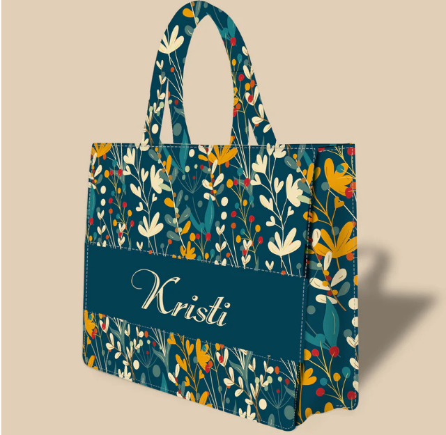 Personalized Tote Bag Designed With Abstract Plant Twigs and Flowers